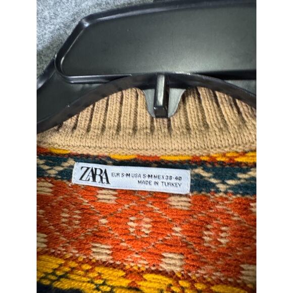 Zara Sweater Women S-M‎ Brown Knitted V Neck Fair Isle Cabin Core Cropped - Picture 2 of 6